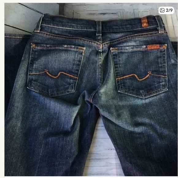 7 for all Mankind Jeans Womens Size27 Yellow Pocket Dark Blue Distressed Bootcut - Picture 7 of 9